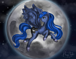 Size: 4000x3100 | Tagged: safe, artist:missyasylum, princess luna, pony, g4, female, flying, looking back, moon, solo