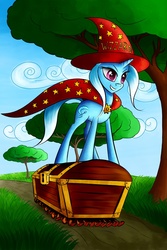 Size: 800x1200 | Tagged: safe, artist:asimos, trixie, pony, unicorn, g4, cape, chest, clothes, crossover, discworld, female, hat, mare, rincewind, solo, the luggage, treasure chest, tree, wheels trixie, wizzard