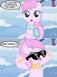 Size: 625x837 | Tagged: safe, artist:faikie, piña colada, earth pony, pony, g4, bling, chains, clothes, comic, dialogue, female, filly, foal, piña cutelada, scarf, snow, solo, speech bubble, sunglasses, swag