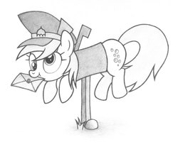 Size: 2000x1652 | Tagged: safe, artist:agamnentzar, derpy hooves, pegasus, pony, g4, derpy inside a mailbox, female, letter, lineart, mailbox, mare, solo, stuck