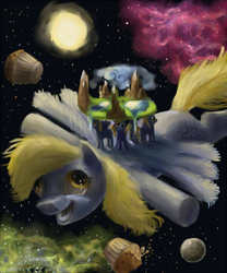 Size: 500x600 | Tagged: artist needed, safe, derpy hooves, pegasus, pony, g4, discworld, female, flat world, great a'tuin, mare, moon, muffin, space, sun
