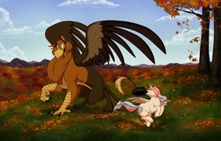 Size: 1914x1214 | Tagged: safe, artist:thiscrispykat, edit, oc, alicorn, griffon, pony, g1, alicorn oc, autumn, hat, klaus