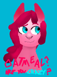 Size: 727x979 | Tagged: safe, artist:do-it-emily, pinkie pie, earth pony, pony, g4, blue background, bust, female, front view, mare, simple background, solo, text, wavy mouth