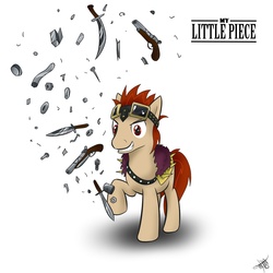 Size: 2000x2000 | Tagged: safe, artist:1jaz, earth pony, pony, eustass kid, goggles on head, grin, gun, knife, male, nail, one piece, ponified, raised hoof, smiling, solo, stallion, sword, weapon