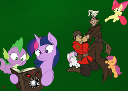 Size: 1419x1013 | Tagged: dead source, safe, artist:joey darkmeat, artist:theshadowdude1031, apple bloom, scootaloo, spike, sweetie belle, twilight sparkle, dragon, earth pony, human, pegasus, pony, unicorn, g4, horn, merasmus, soldier, soldier (tf2), team fortress 2