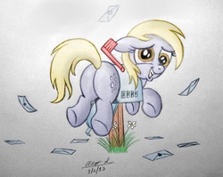 Size: 2634x2098 | Tagged: safe, artist:aleximusprime, artist:scobionicle99, derpy hooves, pegasus, pony, g4, butt, buttstuck, derpy inside a mailbox, female, mailbox, mare, plot, solo, stuck, traditional art