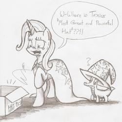 Size: 1664x1664 | Tagged: safe, artist:smoking-mist, gummy, trixie, g4, hat, monochrome, trixie's cape, trixie's hat