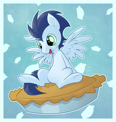 Size: 1990x2092 | Tagged: safe, artist:thecraftpony, soarin', pegasus, pony, g4, apple pie, chibi, cute, drool, featureless crotch, hooves, male, pie, soarinbetes, solo, that pony sure does love pies