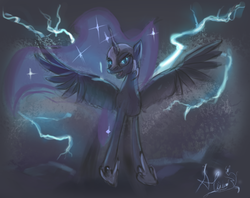 Size: 3321x2631 | Tagged: safe, artist:alumx, nightmare moon, pony, g4, female, glowing eyes, lightning, looking at you, open mouth, smiling, solo, spread wings