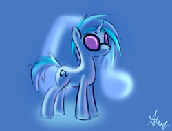 Size: 1280x979 | Tagged: safe, artist:alumx, dj pon-3, vinyl scratch, pony, unicorn, g4, abstract background, female, mare, music notes, signature, solo, vinyl's glasses
