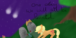 Size: 900x461 | Tagged: safe, artist:chezamoon18, apple bloom, applejack, big macintosh, earth pony, pony, g4, applejack's parents, crying, grave, male, stallion