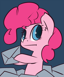 Size: 666x800 | Tagged: safe, artist:atryl, pinkie pie, g4, :t, blue background, bust, colored pupils, envelope, hoof hold, simple background, solo