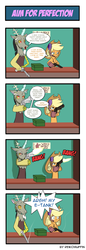 Size: 660x1914 | Tagged: safe, artist:reikomuffin, applejack, discord, draconequus, earth pony, pony, g4, 4 panel comic, 4koma, clothes, comic, gloves, gun, headset, pistol, possibly hand, revolver