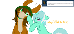 Size: 1280x597 | Tagged: safe, artist:azure-doodle, lyra heartstrings, oc, oc:charlie foxtrot, mule, pony, unicorn, g4, blushing, dialogue, eyes closed, female, mare, sexually confused lyra, simple background, smiling, tumblr, white background