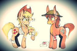 Size: 953x637 | Tagged: safe, applejack, oc, oc:charlie foxtrot, mule, ask lying applejack, g4, bandage