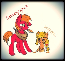 Size: 721x679 | Tagged: safe, applejack, big macintosh, earth pony, pony, ask lying applejack, g4, ask, baby, baby pony, babyjack, brother and sister, colt, colt big macintosh, diaper, female, filly, filly applejack, male, siblings, simple background, stallion, teenage big macintosh, teenager, white background, younger