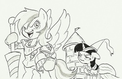 Size: 1140x742 | Tagged: safe, artist:joelashimself, rainbow dash, twilight sparkle, g4, armor, clothes, dress, gown, lance