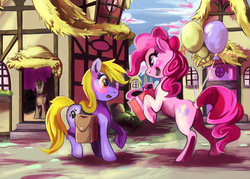 Size: 900x644 | Tagged: safe, artist:purplelemons, doctor whooves, pinkie pie, time turner, oc, earth pony, pony, unicorn, g4, balloon, blushing, female, happy, male, mare, ponyville, present, smiling, stallion