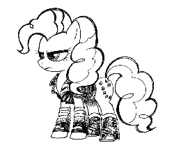 Size: 700x603 | Tagged: safe, artist:hunman360, pinkie pie, earth pony, pony, g4, clothes, crossover, female, gif, hokuto no ken, monochrome, non-animated gif, pixiv, solo