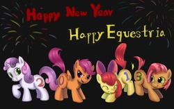 Size: 2169x1359 | Tagged: safe, artist:10307, apple bloom, babs seed, scootaloo, sweetie belle, earth pony, pegasus, pony, unicorn, g4, 2013, cutie mark crusaders, female, filly, fireworks, foal, happy new year, pixiv