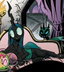 Size: 413x467 | Tagged: safe, artist:andy price, idw, pinkie pie, queen chrysalis, tagma, changeling, g4, the return of queen chrysalis, spoiler:comic, changeling officer, couch, crystal ball, draw me like one of your french girls