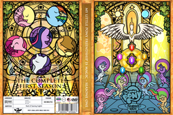 Size: 3213x2142 | Tagged: safe, artist:alldreamsfalldown, applejack, fluttershy, pinkie pie, rainbow dash, rarity, twilight sparkle, earth pony, pegasus, pony, unicorn, g4, cover art, dvd, dvd cover, female, mane six, mare, printable, stained glass, unicorn twilight