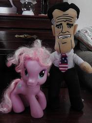 Size: 720x960 | Tagged: safe, pinkie pie (g3), g3, g3.5, creepy, irl, mitt romney, photo, plushie, shipping, toy