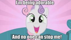 Size: 853x480 | Tagged: safe, sweetie belle, pony, g4, cute, diasweetes, female, happy, image macro, looking at you, open mouth, smiling, solo