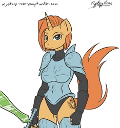 Size: 1405x1500 | Tagged: safe, artist:mysteryrose, oc, oc only, unicorn, anthro, 30 minute art challenge, armor, breasts, fantasy class, female, freckles, knight, simple background, solo, sword, warrior, white background
