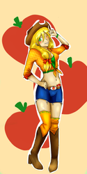 Size: 1300x2600 | Tagged: safe, artist:chorchori, applejack, human, g4, belly button, belt, clothes, denim shorts, female, front knot midriff, humanized, legs, midriff, one eye closed, solo, wink