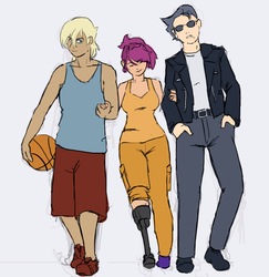 Size: 1024x1053 | Tagged: safe, artist:moronsonofboron, lickety split, rumble, scootaloo, human, g4, amputee, female, gray background, humanized, male, older, prosthetic leg, prosthetic limb, prosthetics, ship:rumbloo, shipping, simple background, straight, trio