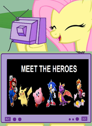 Size: 563x770 | Tagged: safe, fluttershy, pikachu, puffball, g4, crossover, exploitable meme, kirby, kirby (series), male, mario, meme, pokémon, rayman, skylanders, sonic the hedgehog, sonic the hedgehog (series), spyro the dragon, spyro the dragon (series), super mario, tv meme