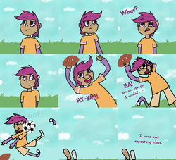 Size: 1640x1488 | Tagged: safe, scootaloo, human, g4, ask, comic, football, humanized, prosthetics, some days chicken