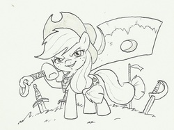 Size: 1071x800 | Tagged: safe, artist:joelashimself, applejack, earth pony, pony, g4, axe, badass, bandana, cleaver, female, monochrome, solo, sword, weapon