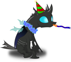 Size: 5000x4343 | Tagged: safe, artist:zimvader42, changeling, absurd resolution, cute, flower, hat, lei, mouth hold, new years eve, noisemaker, party hat, party horn, puffy cheeks, simple background, sitting, solo, transparent background