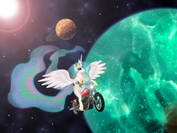 Size: 2268x1701 | Tagged: safe, artist:mrdouche89, princess celestia, alicorn, pony, g4, badass, dat uranus, female, motorcycle, solo, space, sunglasses