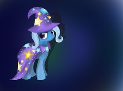 Size: 1393x1031 | Tagged: safe, artist:mrdouche89, trixie, g4, cape, clothes, full body, gradient background, hat, looking back, solo, standing, trixie's brooch, trixie's cape, trixie's hat