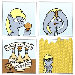 Size: 2000x2000 | Tagged: safe, artist:muffinexplosion, derpy hooves, pegasus, pony, g4, bits, comic, drink, female, mare, money, muffin, sunglasses, swag