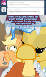 Size: 600x998 | Tagged: safe, artist:adiwan, applejack, doctor fauna, winona, ask the vet pony, g4, ask, bad breath, breath, derp, green face, imminent vomiting, nauseous, tumblr, vet