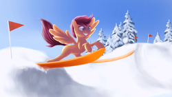 Size: 1600x900 | Tagged: safe, artist:newlifer, scootaloo, pony, g4, female, flag, skiing, snow, solo
