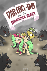 Size: 820x1231 | Tagged: safe, artist:phallen1, daring do, fluttershy, oc, oc:shimmerwing, g4, book cover, daringverse, recolor