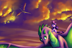 Size: 1203x808 | Tagged: safe, artist:c-puff, spike, twilight sparkle, dragon, g4, adult, adult spike, flying, glowing horn, horn, magic, older, ponies riding dragons, riding, sunset, twilight riding spike, winged spike, wings