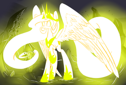 Size: 1748x1181 | Tagged: safe, artist:underpable, princess celestia, pony, g4, dragon ball, female, glowing, light, magic, majestic, recolor, solo, super saiyan