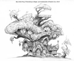 Size: 1400x1149 | Tagged: safe, artist:baron engel, g4, architecture, building, golden oaks library, library, monochrome, no pony, pencil drawing, scenery, traditional art, tree