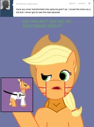 Size: 631x849 | Tagged: safe, applejack, earth pony, pony, g4, ask, blue background, cyborg009, dialogue, female, open mouth, samurai applejack, samurai jack, simple background, solo, sword, tumblr, weapon