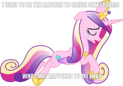 Size: 1287x900 | Tagged: safe, princess cadance, alicorn, pony, g4, alicorn drama, crying, female, floppy ears, folded wings, hoof shoes, horn, impact font, mare, princess sadance, solo, text, wings