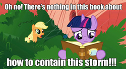 Size: 1280x708 | Tagged: safe, edit, edited screencap, screencap, applejack, twilight sparkle, g4, look before you sleep, book, caption, duo, golden oaks library, image macro, meme, meta, rain, reading, slumber 101, tree