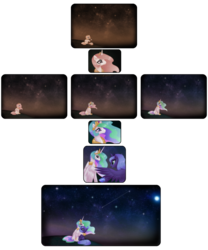 Size: 1875x2250 | Tagged: safe, artist:rizcifra, princess celestia, princess luna, alicorn, pony, g4, comic, duo, happy, hug, looking at each other, looking at someone, looking up, night, royal sisters, sad, sepia, shooting star, siblings, side by side, simple background, sisters, sky, starry night, stars, transparent background