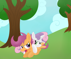 Size: 1280x1067 | Tagged: safe, artist:newlunaticrepublic, scootaloo, sweetie belle, g4, female, lesbian, ship:scootabelle, shipping