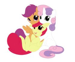 Size: 1234x1024 | Tagged: safe, artist:drake, apple bloom, scootaloo, sweetie belle, g4, cute, cutie mark crusaders, floppy ears, hooves, hug, looking at you, on back, open mouth, simple background, smiling, transparent background, underhoof